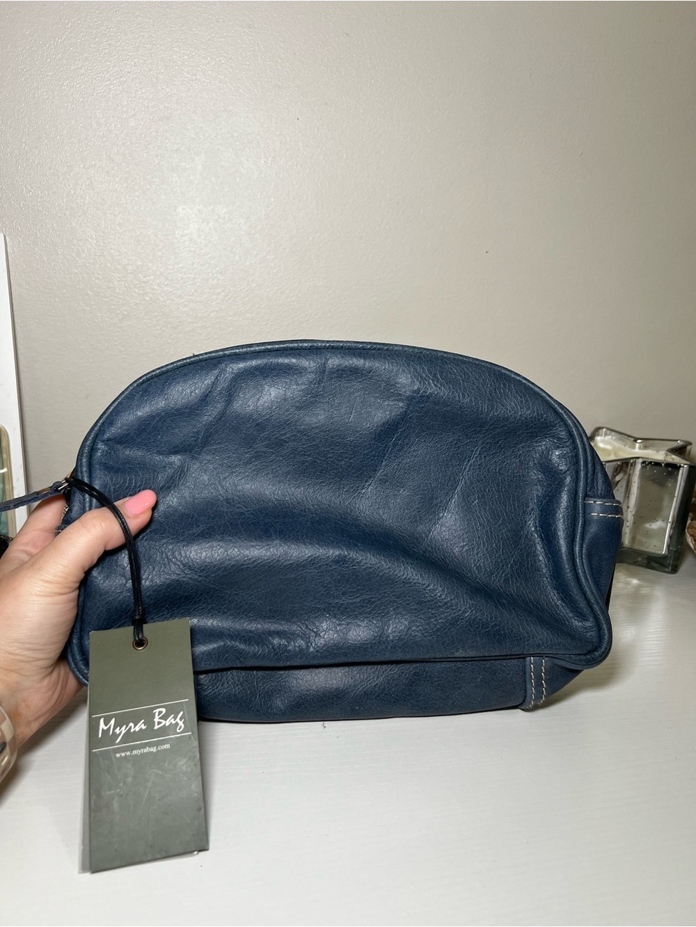 Myra Bag Navy Leather Travel Pouch